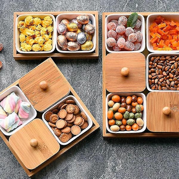Keramisk sauceskål opdelt dyppeskål bambusbakke til krydderidyp opbevaring serveringsfad til køkken krydderier eddike nødder Two compartments wit