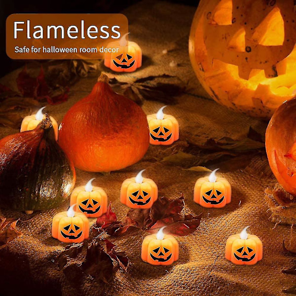 Gresskar-telys for Halloween-dekorasjoner - Sett med 12 flammefrie LED-lykter i oransje