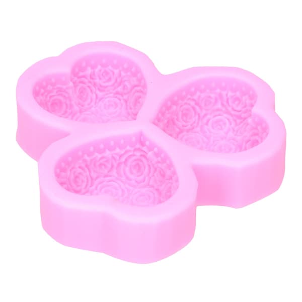 3-hulls hjerteformet rosenform Silikonkakefondant Dekorasjonsverktøy (rosa)