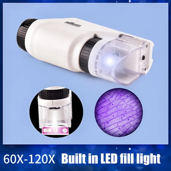 【NX】Mini Pocket Microscope Set 60-120x Lab Handheld Microscope Battery Powered Microscope with LED Illumination Pink