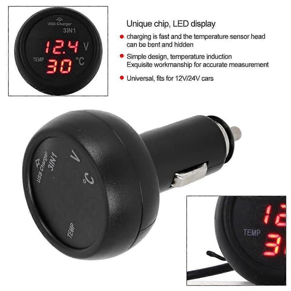 1 multifunktionel bil 12V/24V digital LED voltmeter termometer USB-oplader