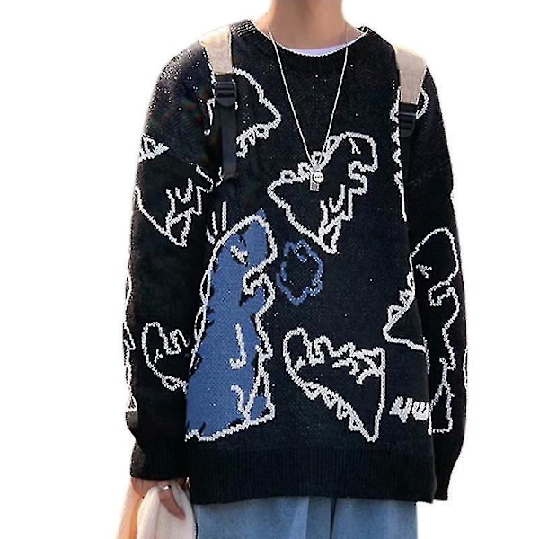 Cute Dinosaur Print Unisex Oversized Sweater - Black XL