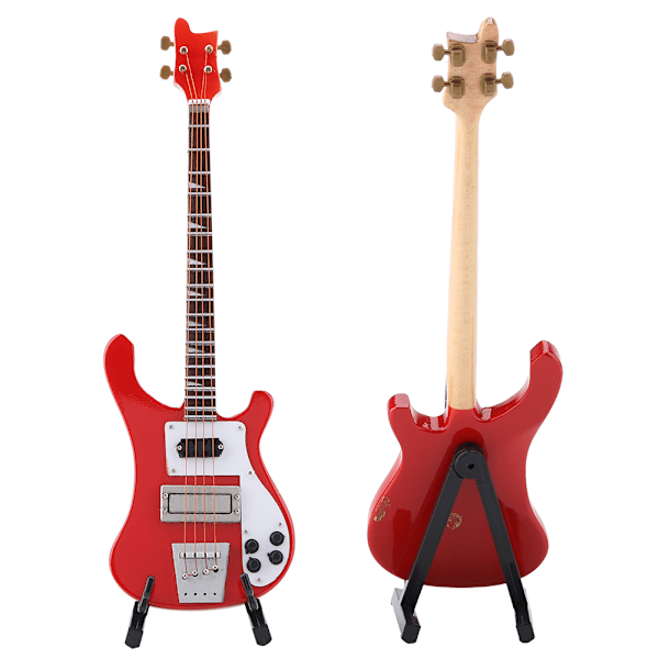 Röd miniatyr basgitarr replika med stativ och fodral Instrument Modell Ornament Julklapp