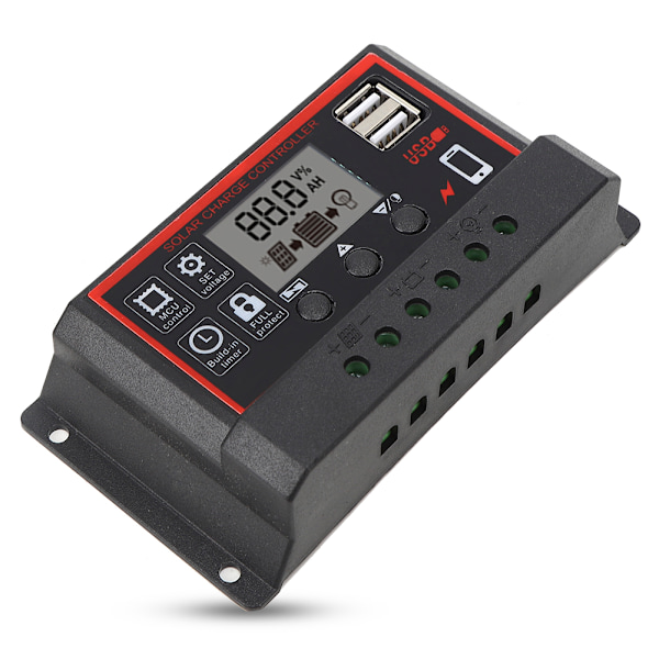 LCD Solcelleladningsregulator 5V /2.5A Dobbelt USB PWM Cellepanel Regulator Automatisk Identifikation 12V 24V10A