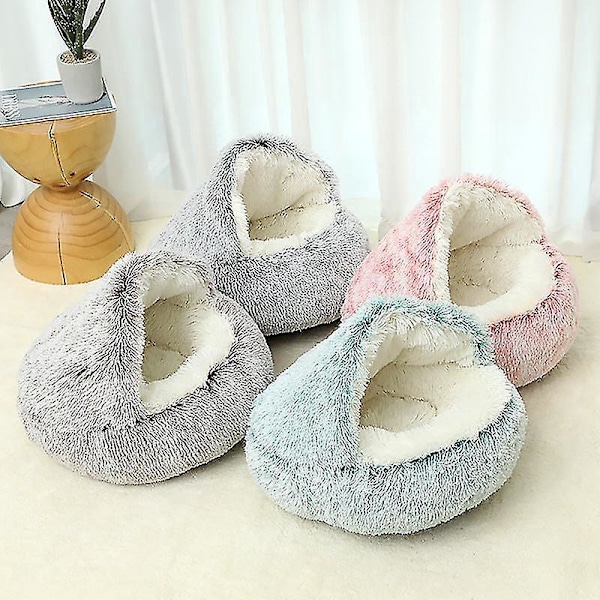 2-i-1 Hule Pet Bed med Hetter for Små Hunder og Katter - Rund Myk Lang Plysj Kennel Nest, 50cm - Aprikos