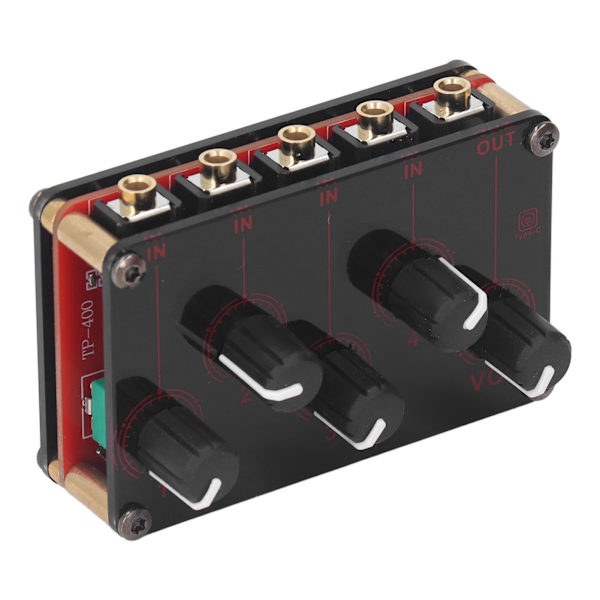 Mini Stereo Mixer 4 Indgange 1 Udgange 4 Kanaler Bærbar Stereo Linjemixer Kompakt Lydmixer til Studie Scene Små Klubber Bar 100 til 240V Rød EU Stik