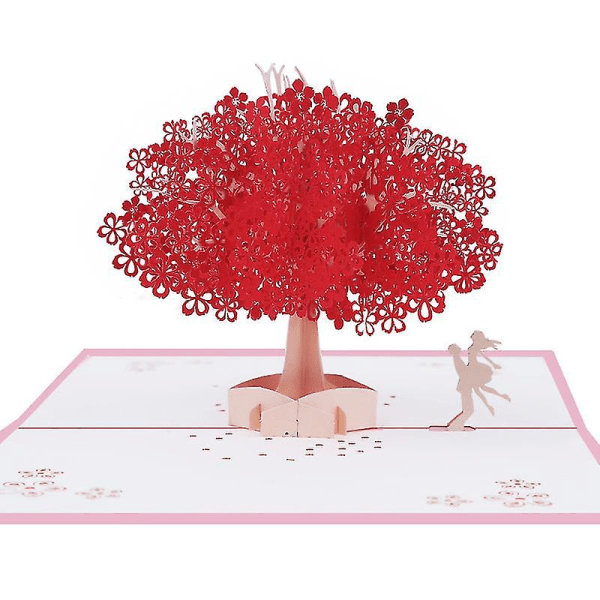 3d pop op-kort, kort for romantiske elskere med par under rødt kirsebærtræ, jubilæumskort