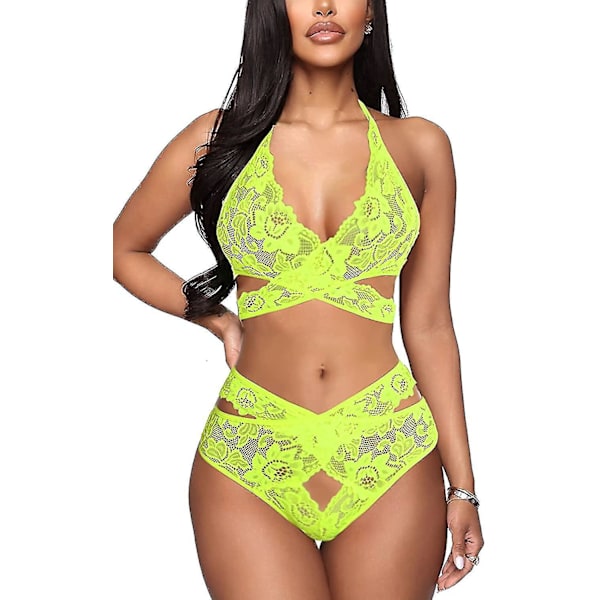 Fluorescent Green Lace Bralette and Panty Set - Women's Sexy Lingerie (XX-Large)