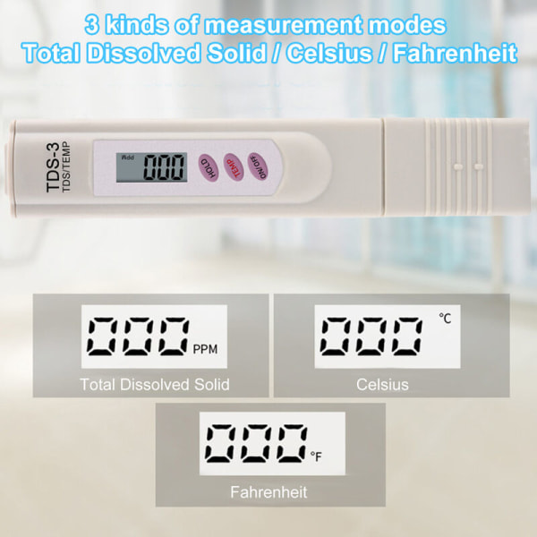 TDS hushållsvattenkvalitetstestare två-i-ett lösliga fasta ämnen/TDS-temperaturdetektor ljusgrå, inbyggt knappbatteri