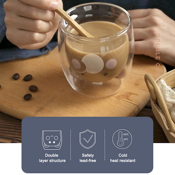 2 stk dobbelveggede krus 200ml glass tegneserie søt katt dobbelvegget kaffekopp for hjemmekontor