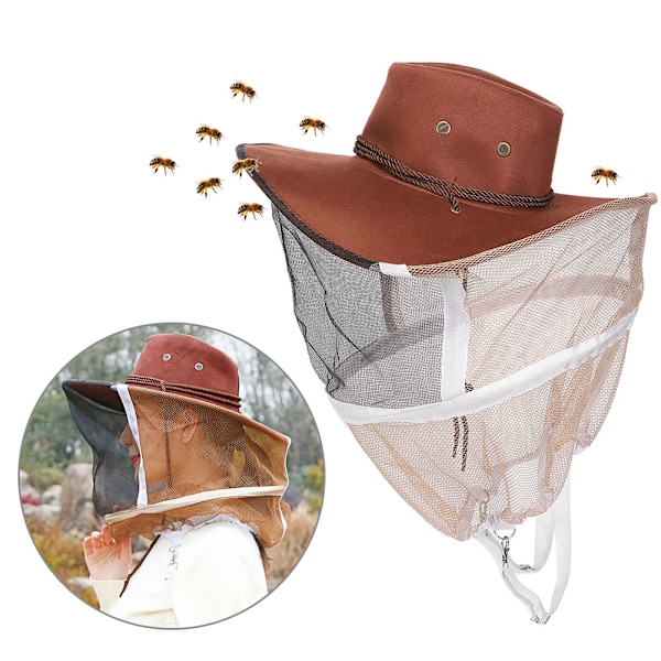 Cowboy Brun Röd 360° Säkert skydd Anti-bistickande myggbitande biodlare Skyddshatt med fästremstillbehör