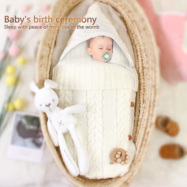 Nyfødt baby strikket svøbetæppe sovepose til 0-12 måneder, hvid