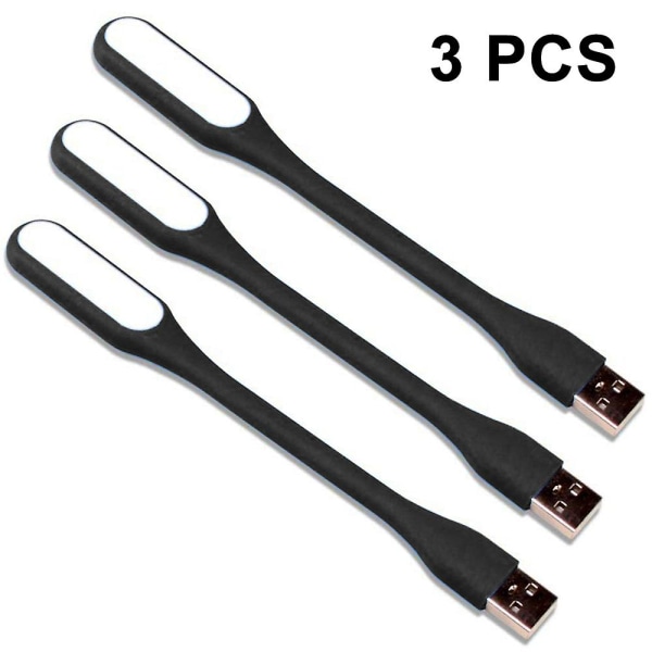 3kpl mini USB LED-valolamppu, USB valo kannettavan tietokoneen näppäimistölle, joustava lukuvalo, USB virralla toimiva LED-valo, kannettava USB-kannettavan USB -valo Black
