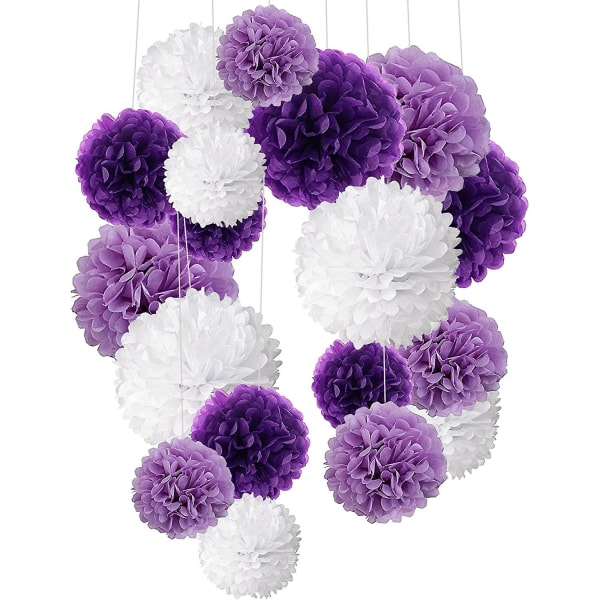 Pakke med 18, lilla Pom Poms-blomster, dekorasjonspapirsett for fest