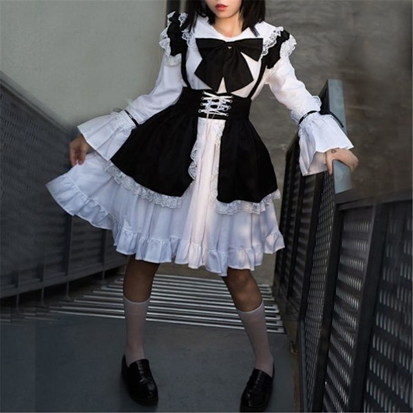 Maid Outfit Långärmad Anime Maid Förkläde Fancy Dress Cosplay kostym med pannband för fest män L