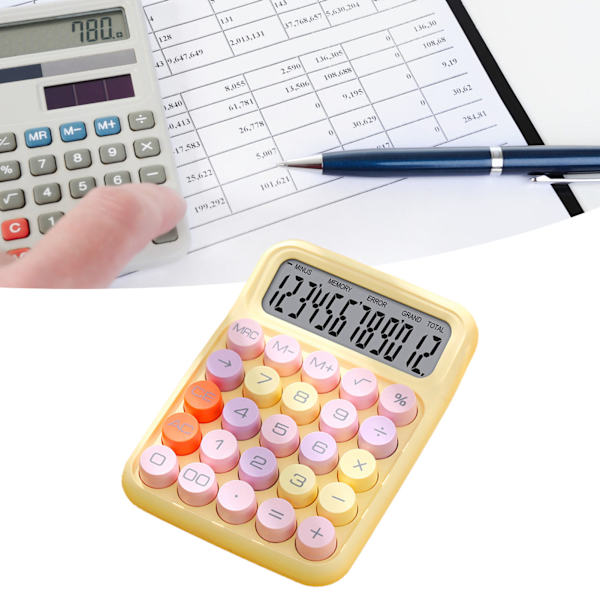 Fargerik minikalkulator Mekanisk tastaturkalkulator Elektronisk skrivebordsregnemaskin for hjemmekontor Gul