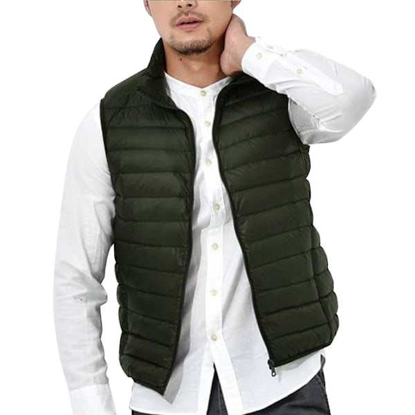 Lightweight Men's Down Vest with Stand-up Collar | Casual Autumn/Winter Top | Army Green - Size 2XL