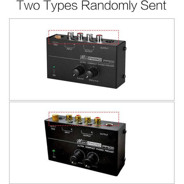 Erittäin pienikokoinen phono-esivahvistin tason ja äänenvoimakkuuden säätimillä 1/4 RCA-tulo ja -lähtö, malli: EU-pistoke
