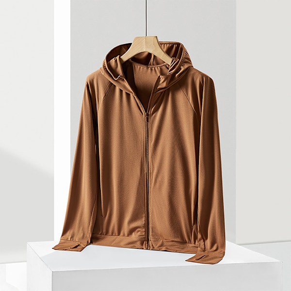 Män UPF 50+ Solskydd Lättvikts Full Zip Hoodie Jacka Långärmad Solskydd Jacka för Fiske Vandring Utomhus Brun XL