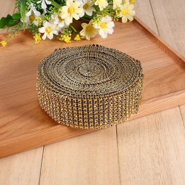 10 Yards Diamantnettbånd Bryllupskaker Lys Vikling Rhinestone Krystall Gull