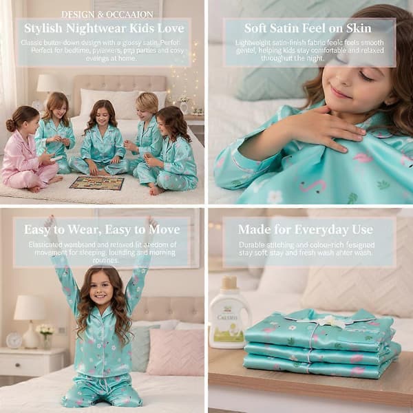Pysjamas i sateng/silke, jenter/gutter, topp med knapper og bukser med elastisk midje Aqua 9-10 Years