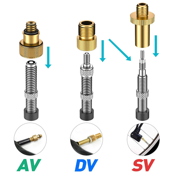 25 stk/sett Ventiladapter Pumpepumpe Sett for SV AV DV Dunlop Fransk Flash Ventil Presta Ventil med Ring