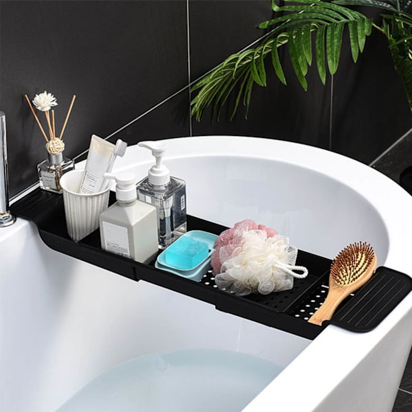 Badkarsbricka Stabil placering Expanderbart plastmaterial Dräneringsdesign Bath Caddy Badkarsbord för badrum Svart