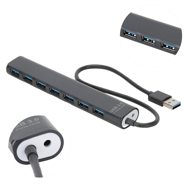 USB 3.0 Hub Svart 7-i-1 Höghastighetsöverföring Splitter Portabel Nätverksadapter 5GB