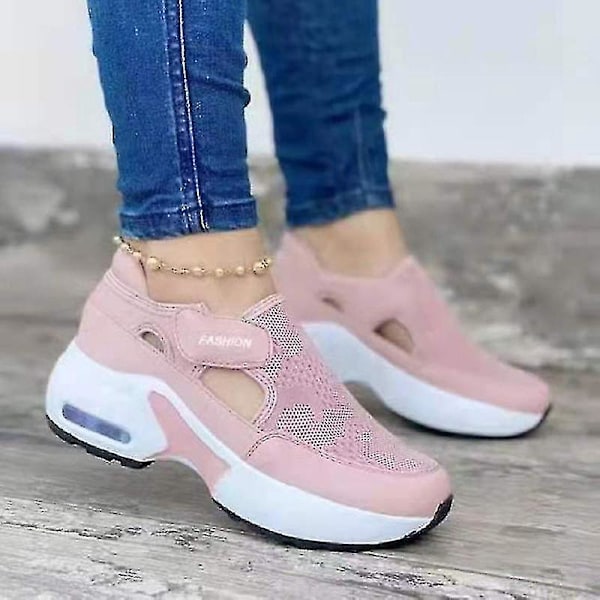 Damrosa rosa ortopediska luftdämpade flygande vävda sneakers casual promenadskor