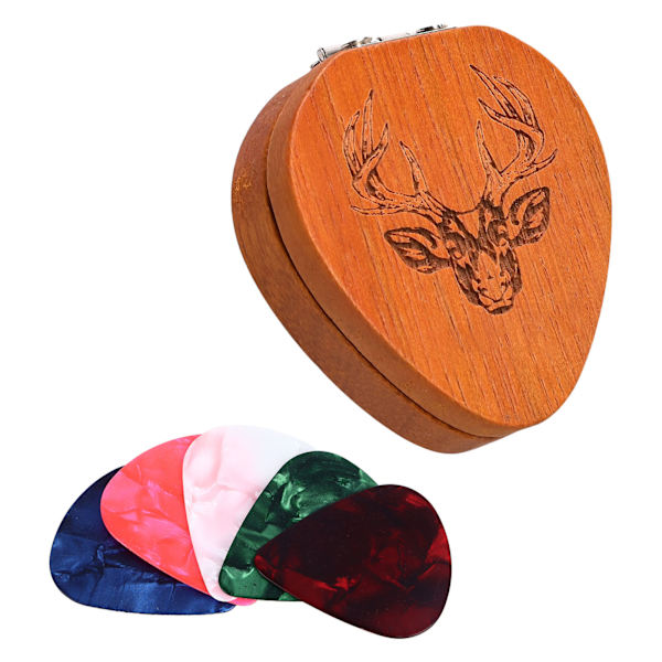 Mahogni Træ Pluk Opbevaringsboks Kompakt Beskyttelsesetui med 5 ST udskiftningsguitar Picks