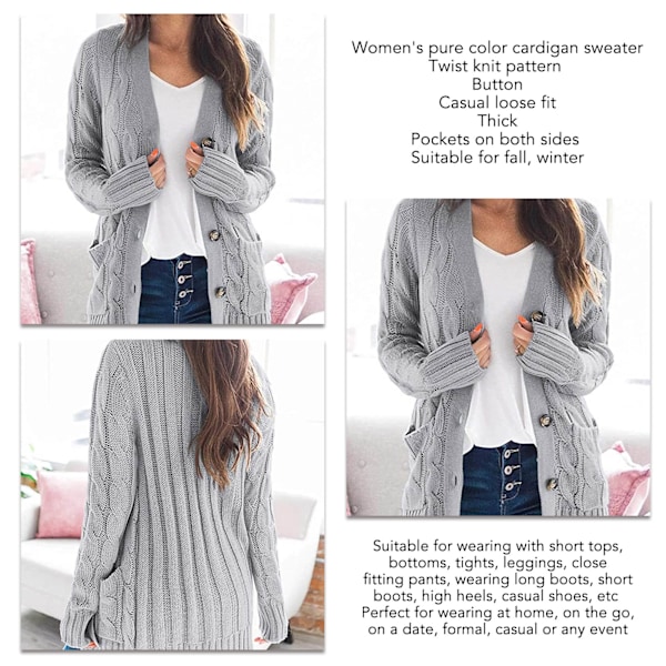 Kvinnor Cardigan Tröjor Höst Vinter Ren Färg Twist Stickad Snygg Casual Kvinnor Långärmad Kofta Grå M