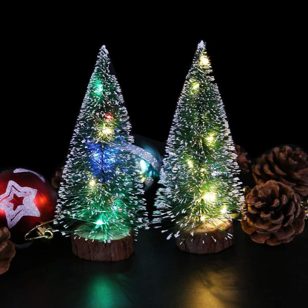 Mini Desktop Juletræer, 6 Stk Frosted Sisal Træer Med Træbund, Flaske Børste Træer Julebordstræer til boligindretning (grøn)