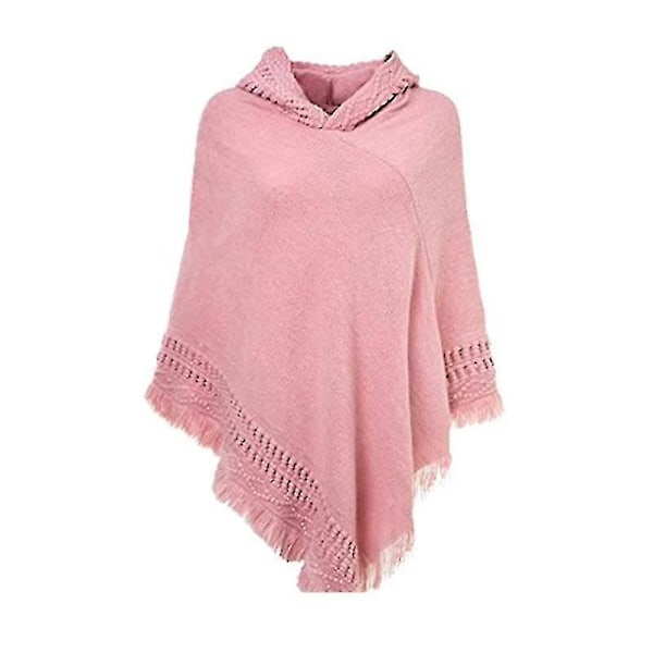 Rosa Oversize Stickad Poncho Cape med Fransar