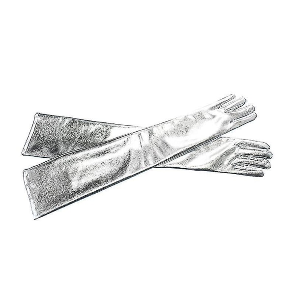 Naisten nahkaiset pitkät hanskat Cosplay pukuhanskat Pole Dance Gloves 21" Silver