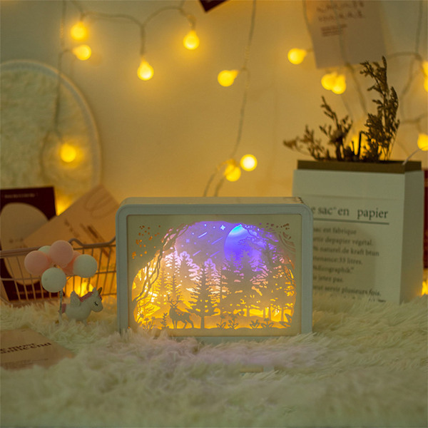 Papercut Light Box Mjukt Varmt Ljus Romantisk USB Batteridriven 3D Pappersskärningslampa för Sovrum Kontor Fest Typ 3 (Manuell Strömbrytare)
