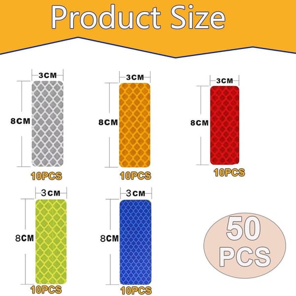 50 Reflective Stickers - 3x8cm - 5 Colors - Reflective Tape