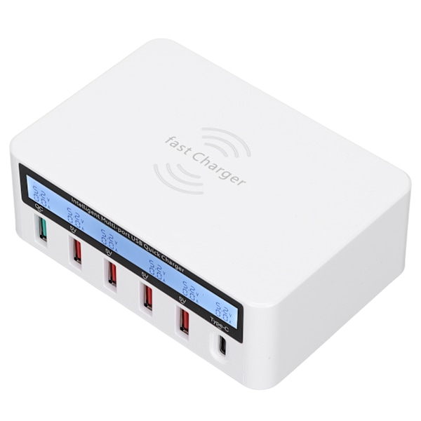 USB-telefonladingstasjon 40W 6-ports QC 3.0 Ladestasjon Trådløs ladestasjon med LCD-skjerm 100‑240V Hvit US-kontakt