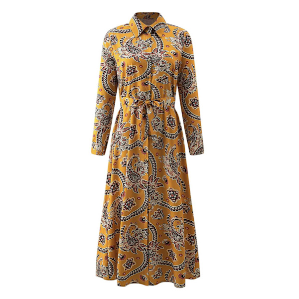 Kjole Langærmet Blomsterprint Knapper Bånd Ankel Længde Fashionable Maxikjole til Dame Gul Blomster S