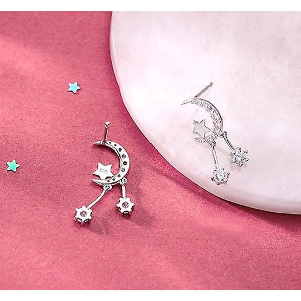 925 Sterling Silver Crescent Moon Star Studs örhängen för kvinnor Tonårstjejer Cz Simulated Diamond Earrings Star Tofs örhängen Silver