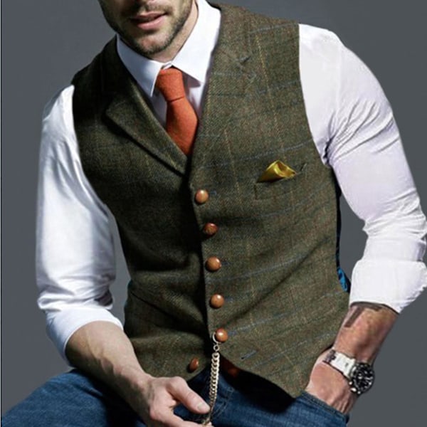 Lattice Turndown Collar Slim Fit Business Waistcoat Suit for Men - Khaki - S