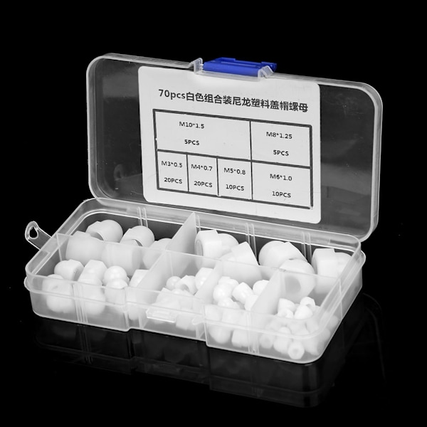 70 kpl M3/M4/M5/M6/M8/M10 Nylon-mutterisarja Kupoli- ja kuusiokolokantaiset mutterit (valkoiset)