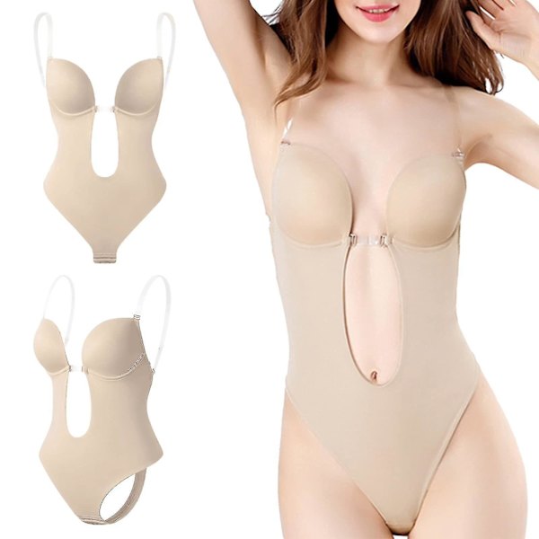 Dyb V-udskæring, stropløs, backless bodysuit shapewear til kvinder - S, Beige