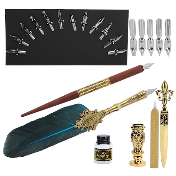 Fjäder Pen Set Kalligrafi Skriva Teckning Quill Dip Kit Vintage Art Craft CollectionSP248011R Lake Blue