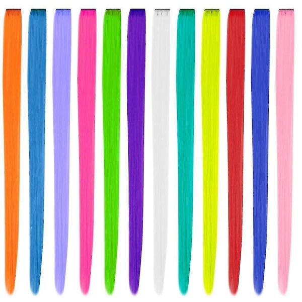 12 stk Fargede festhøydepunkter Fargerike klips i hårforlengelser, 22 tommers rett syntetiske hårstykker, regnbue