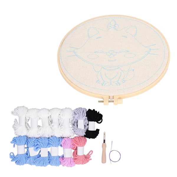 Punch Needle Kit Søt hvit katt Enkel bruk blank ramme 9.8in Hoop 13 garn Punch Needle Art for nybegynnere