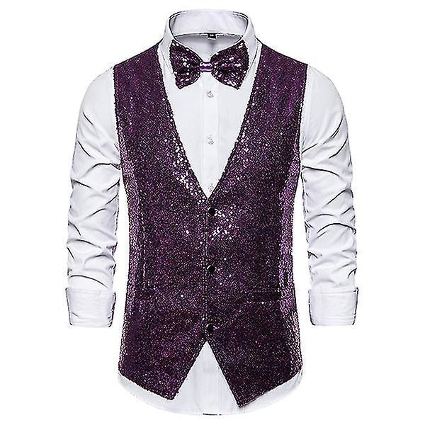 Sequin Shiny V-Neck Party Dress Suit Vest for Men, Purple, Size 2XL