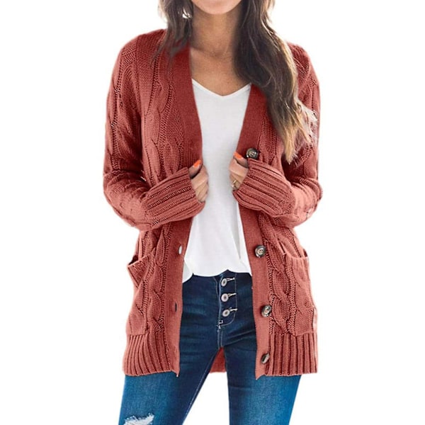 Long Sleeve Brick Red Cable Knit Cardigan with Pocket for Women