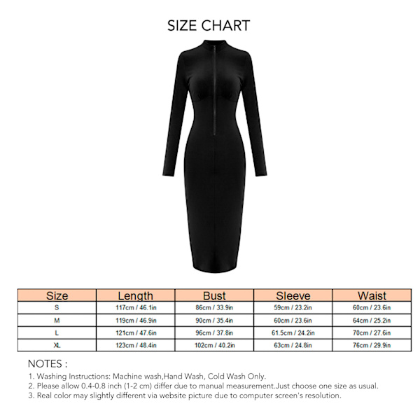 Zip Front Langærmet Bodycon Kjole Enfarvet Snøre Ryg Rund Hals Dame Kjole Sort XL
