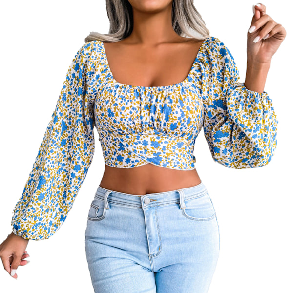 Kvinder Blomstermønster Firkantet Hals Lygte Langærmet Ryg Knytte Bowknot Crop Top Bluse Hvid L