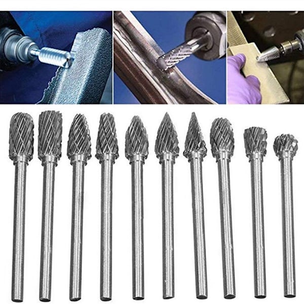 10 stk 1/8 tommer (3 mm) skaft Tungsten stålkarbid roterende filer Skæring grader Bits til træ metal skæring gravering slibning